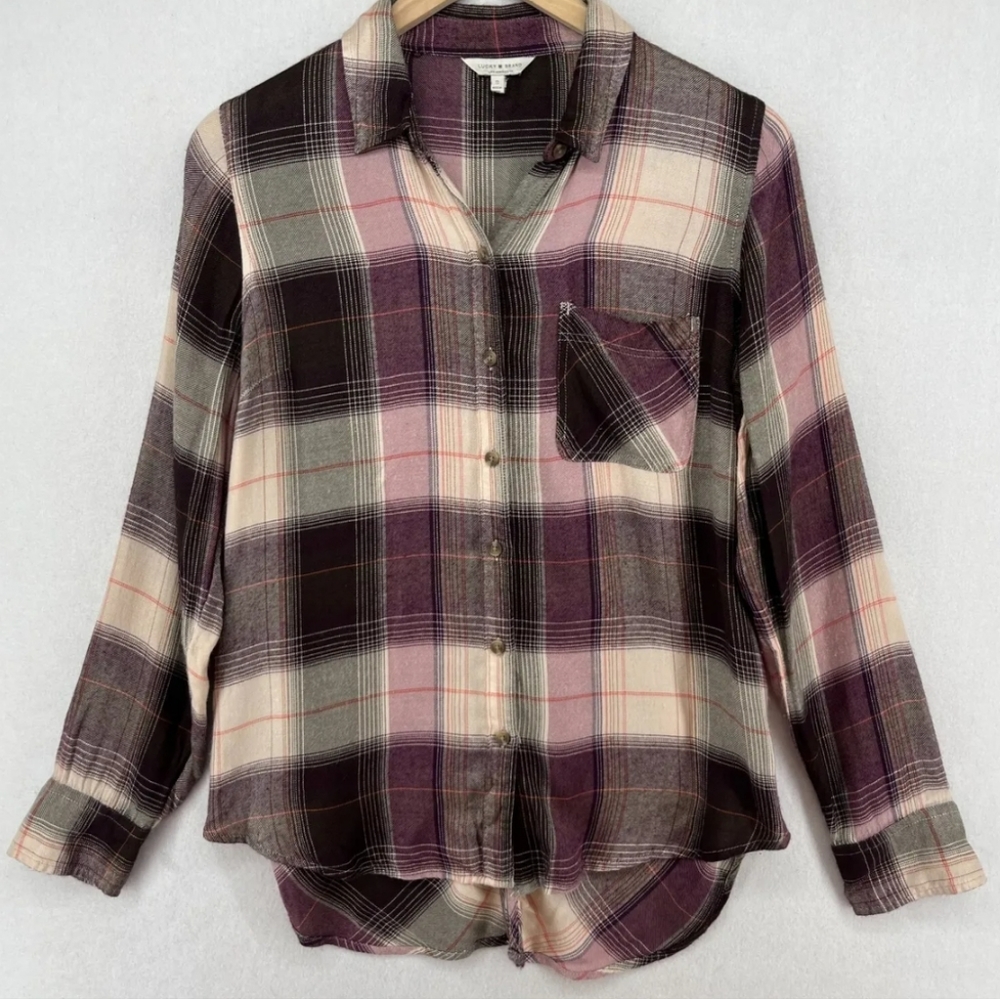 Lucky Brand Womans Purple Plaid Modal Lightweight Buttondown Shirt Size Large